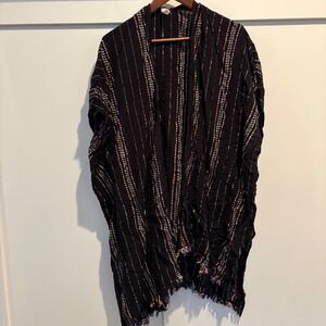 Elan Black Striped Metallic‎ Thread Kimono Cardigan One Size Fringe